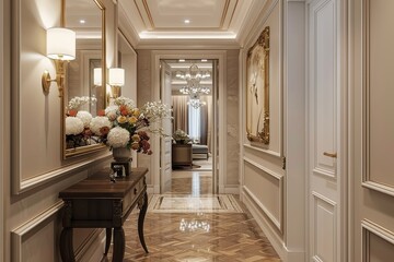 Chic hallway with oversized mirror