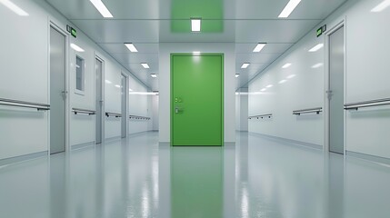 Poster - Interior of bright white room with green closed door in modern hospital : Generative AI