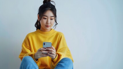 Aufkleber - Young beautiful Asian woman in casual clothes sitting on the floor and using her smartphone isolated white background chatting video call social media : Generative AI