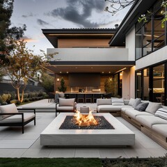 Wall Mural - Modern outdoor living space with fire pit, sectional sofa, and sleek architectural design.