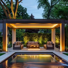 Poster - Modern outdoor patio with a swimming pool and a pergola lit up at night.