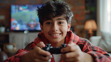 Wall Mural - Hispanic teenager playing video game holding controller pointing aside with hands open palms showing copy space presenting advertisement smiling excited happy : Generative AI