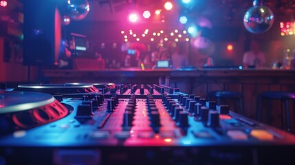 Poster - Empty DJ mixing panel at funky club spotlights and disco ball at the bar used for dancing and clubbing Dance floor at discotheque with audio equipment station used for partying nightli : Generative AI