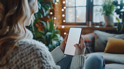 Poster - Mockup image of a woman holding and using mobile phone with blank desktop white screen at home : Generative AI