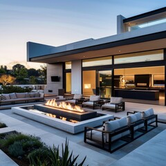 Wall Mural - Modern patio with a fire pit and lounge chairs at dusk.