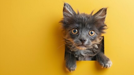 Funny gray kitten and smiling dog on trendy yellow background Lovely fluffy cat and puppy of Shih tzu pug breed climbs out of hole in colored background Wide angle horizontal wallpaper : Generative AI