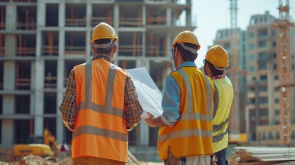 Team of construction contractor talking  discussing about the building plan together at construction site Diverse ethnicity construction workers working together at construction site : Generative AI