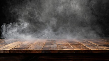 Aufkleber - On a black background an empty wooden table with smoke floats up Empty space for displaying your products with a smoke float up on a dark background Space available for displaying your : Generative AI