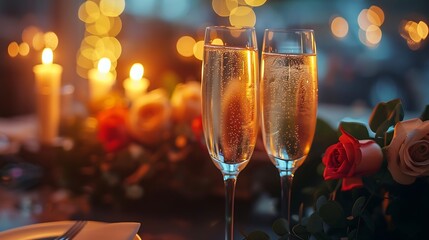 Wall Mural - Candlelight date in restaurant Champagne glasses bouquet flowers Romantic dinner setup at night Table setting for couple Valentines Day evening burning candles for surprise marriage pr : Generative AI