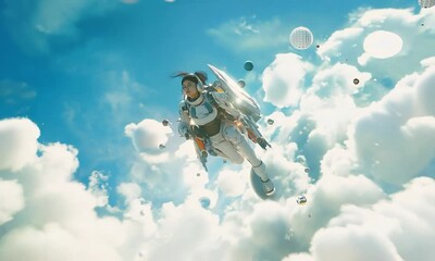 Sticker - Female astronaut flying in futuristic space suit with ai generated.
