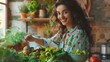 © Generative AI - Healthy Food To Boost Your Immune System Beautiful smiling young woman cooking fresh organic salad at home in modern kitchen reaching for vegetables copy space Diet Food And Lifestyle  : Generative AI