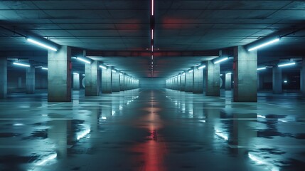 Poster - Sci fi looking dark and moody underground parking lot with fluorescent lights on  Long hall : Generative AI