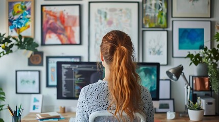 Poster - Young woman working with computer and hanging painting on light wall in office : Generative AI