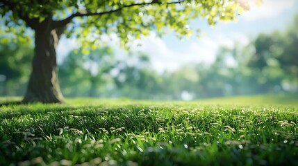 Poster - Blurred photogreen tree background View of the wild grass lawn Light sky : Generative AI