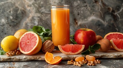 Wall Mural - Super foods for healthy prostate Natural products to prevent prostate cancer and boost prostate health Apple tomato tomato juice nuts strawberry grapefruit spinach lemon oranges garlic : Generative AI