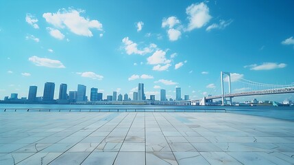 Poster - Empty square floor and bridge with city skyline under blue sky : Generative AI