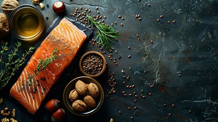 Food sources of omega 3 on dark background with copy space top view Foods high in fatty acids including vegetables seafood nut and seeds Health food fitness : Generative AI