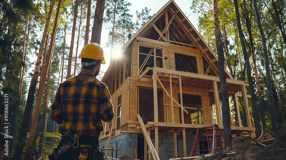 Worker building wooden twostory house near the forest Man in work ...