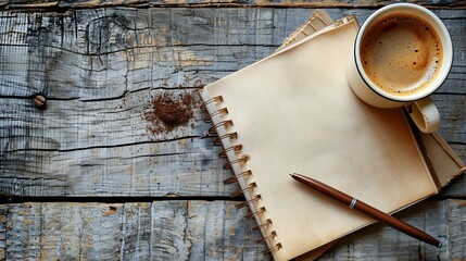 Aufkleber - Cup of coffee with notepad and brown pen on wooden table top view copy space : Generative AI