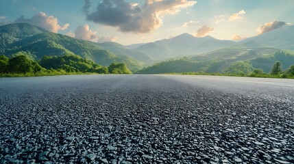 Poster - Asphalt road square and green mountain with sky clouds natural landscape at sunrise : Generative AI