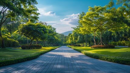 Wall Mural - Empty street at the nice and comfortable garden background with nice blue sky : Generative AI