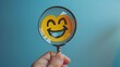 © Generative AI - A hand holds a magnifying glass over a smile face with a heart symbolizing the search for positivity among neutral and sad expressions in customer service satisfaction feedback concept : Generative AI