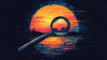 T-shirt design, cartoon style of a magnifying glass in a sunset retro circle background