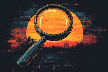 T-shirt design, cartoon style of a magnifying glass in a sunset retro circle background