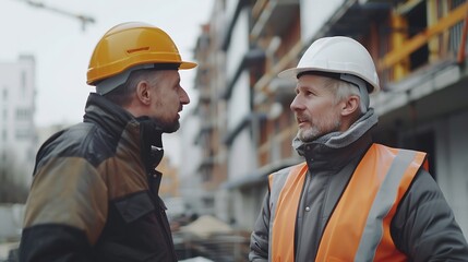 Aufkleber - Engineer and foreman worker checking project at precast factory site Engineer and builders in hardhats discussing on construction site : Generative AI