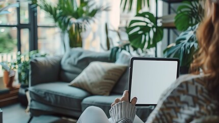 Poster - Mockup image of a woman holding and using mobile phone with blank desktop white screen at home : Generative AI