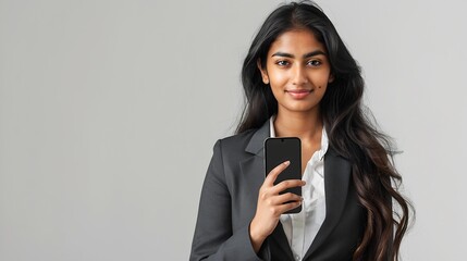 Young beautiful indian businesswoman wearing formal suit showing smart phone with blank display screen to put advertisement isolated over white background Corporate Concept : Generative AI