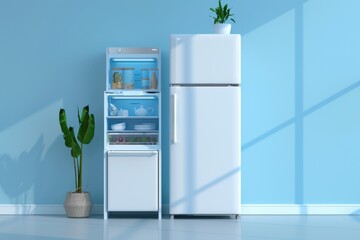 Wall Mural - A white refrigerator sits next to a blue wall, waiting for use