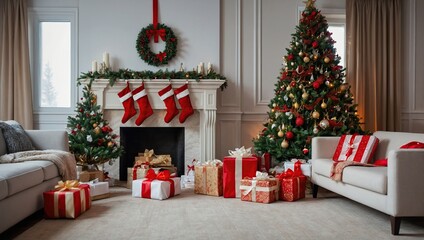 Christmas tree with gifts in the bright living room