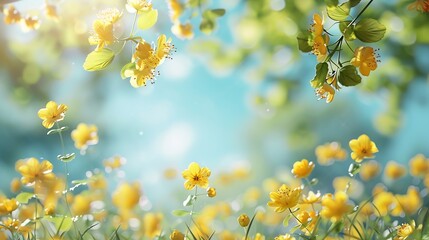 Canvas Print - blurred idyllic springtime landscape blue sky and flower meadow under the leaf branch a carpet of yellow cheerful blossoms blurred spring background : Generative AI