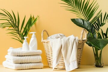 Laundry day with basket folded clothes and detergent on beige background with plants