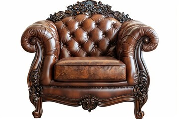 Luxurious leather armchair with wooden arms on white background