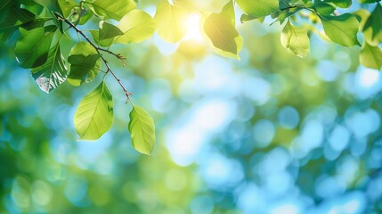 Poster - Tree branch with leaves in front of blue sunny sky Summer background with copy space : Generative AI