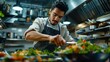 © Generative AI - A young Mexican chef is cooking inside a modern restaurant kitchenThe Latin man is making a salad for a diners menuConcept of an American chef in a haute cuisine : Generative AI