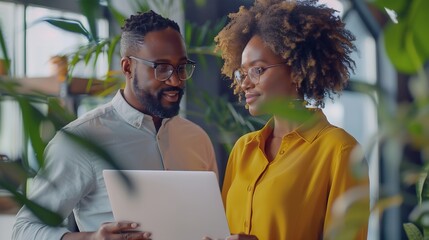 Poster - African american male and female colleague using laptop and talking standing in office copy space : Generative AI