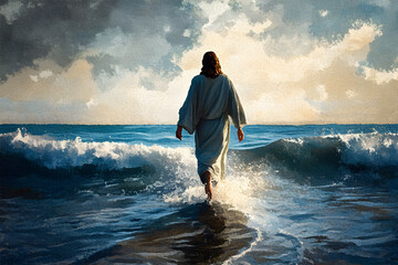 Wall Mural - Jesus miraculously walks on water across the sea