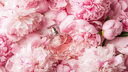 Wall Mural - Perfume bottle in flowers, fragrance on blooming background, floral scent and cosmetic product idea