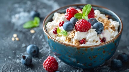 Poster - Healthy protein Cottage cheese breakfast bowl with granola blueberry and raspberry : Generative AI