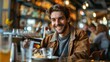 © Generative AI - Happy young adult man paying the bill with a contactless credit card on a restaurant bar or coffee shop Handsome male smiling holding a creditcard and giving a payment transaction to t : Generative AI