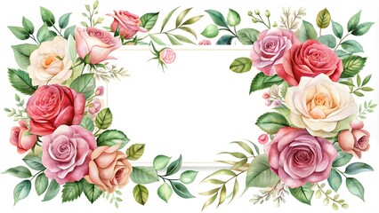 Floral frame with roses and decorative leaves. Watercolor wedding, invitation design. Floral elements, botanic watercolor.