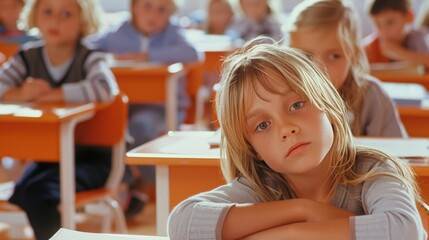 A young girl sits at her desk in an elementary school classroom, looking bored and tired