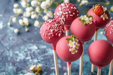 Wall Mural - Strawberry cake pops with tiny flowers on top