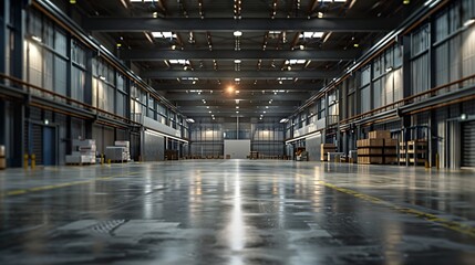 Poster - Warehouse interior background  A brand new industrial shed Store factory Industry warehouse space and hardware box for delivery with copy space : Generative AI