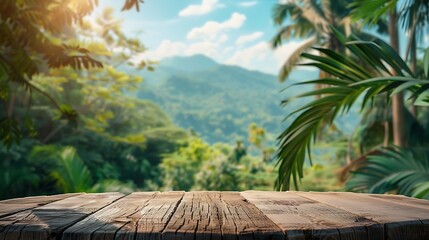 Aufkleber - Surreal wood podium with tropical forest plant blur blue sky montains landscape nature backgroundProduct present natural placement pedestal minimal displaysummer paradise dreamy concep : Generative AI