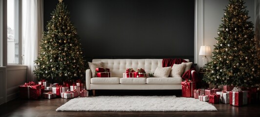 Christmas tree, gifts, white sofa, and blank dark wall with copy space (2),up.jpg