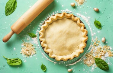 Top view of homemade pie crust on green background